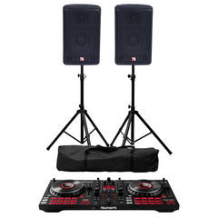 2x Intimidation PI-115 MK3 15" Two-Way Active Speakers 800w inc Stands With Numark Mixtrack Platinum FX DJ Controller